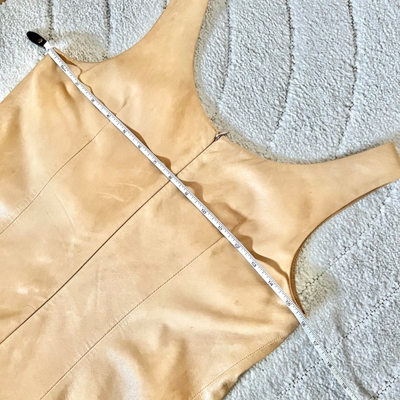 VINCE 100% Lamb Leather Sleeveless Tank Front Pocket Mini Shift Dress Tan Size 2 - Picture 14 of 15
